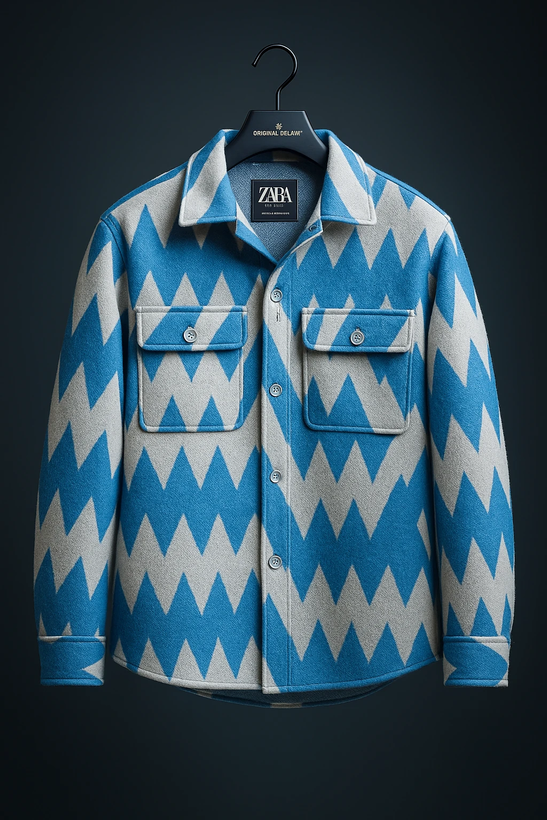 کت فوتر پشمی با طرح هندسی مدرن داری (ترکیب رنگ مشکی، بنفش و آبی با پترنهای زاویهدار) | سنگینوزن کپی