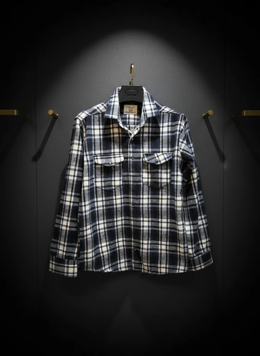 پیراهن فِلَن پشمی مشکی‑سفید‑خاکستری با ته‌مایه‌ی آبی خفیف و بافت پشمی‑بُرس‌خورده‌