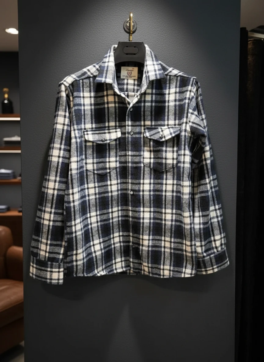 پیراهن فِلَن پشمی مشکی‑سفید‑خاکستری با ته‌مایه‌ی آبی خفیف و بافت پشمی‑بُرس‌خورده‌