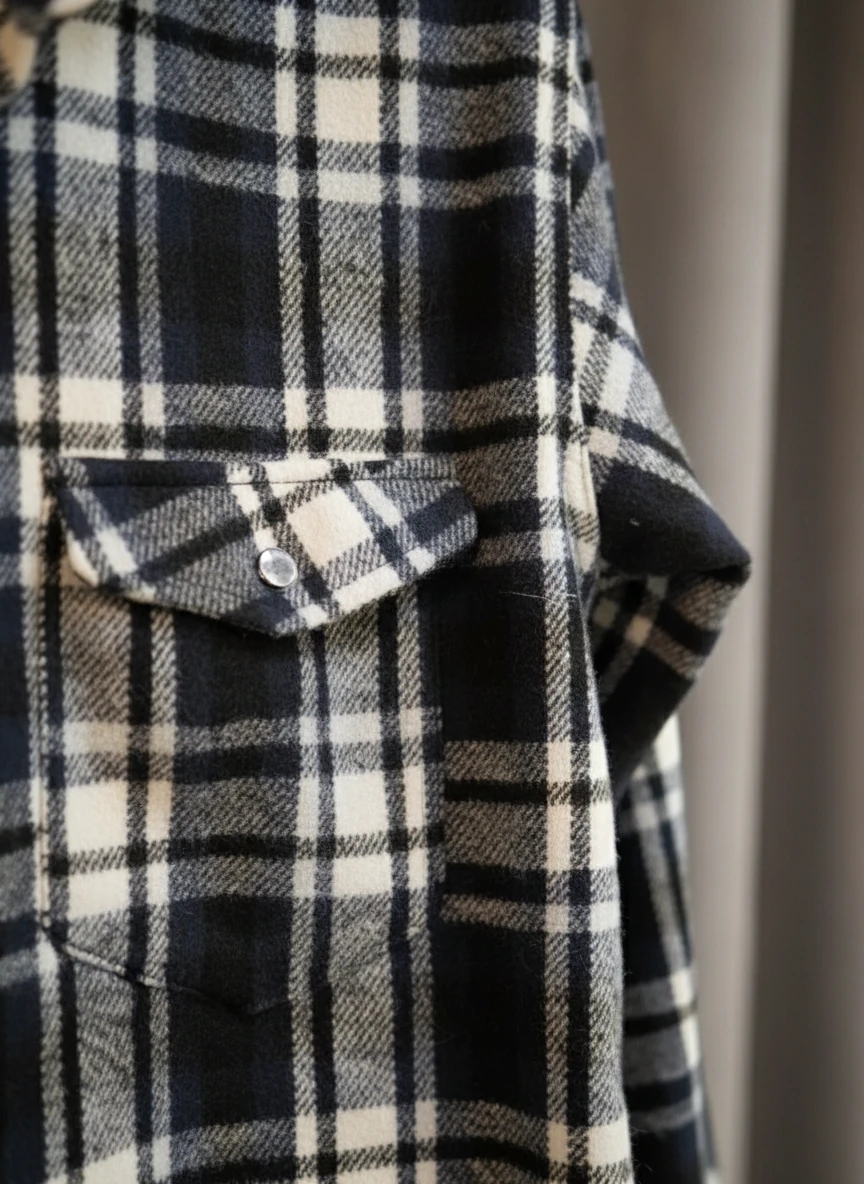 پیراهن فِلَن پشمی مشکی‑سفید‑خاکستری با ته‌مایه‌ی آبی خفیف و بافت پشمی‑بُرس‌خورده‌