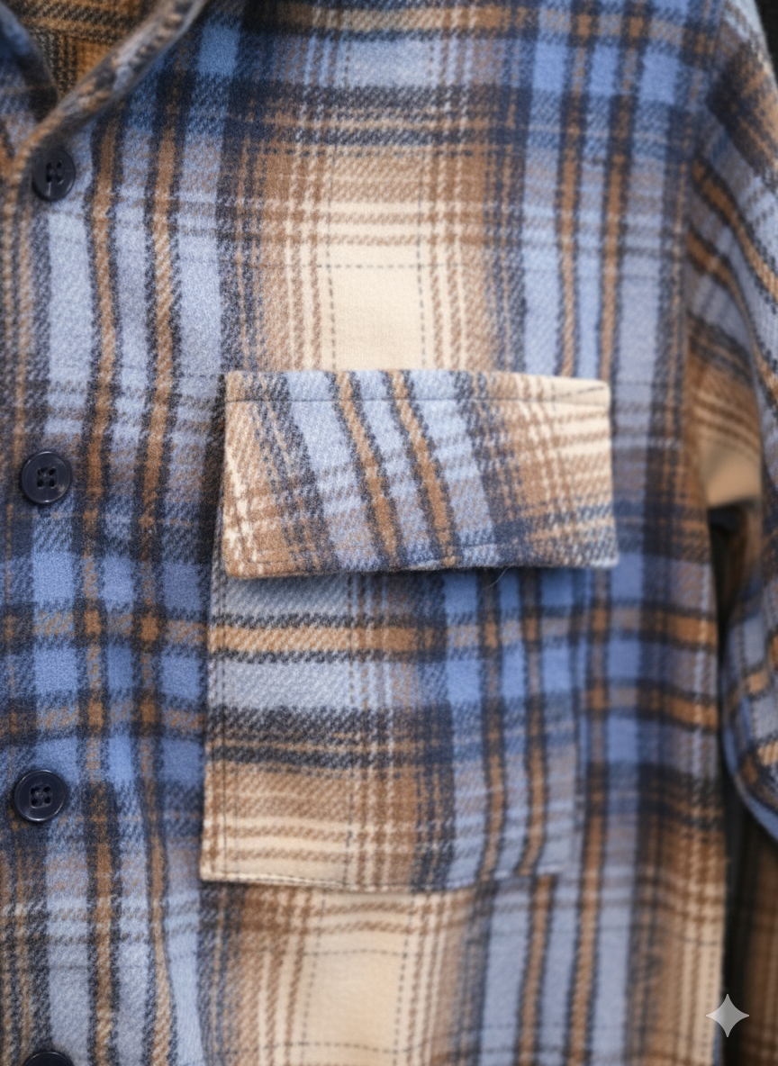 پیراهن فلن پشمی آبی-کرم از پارچه پشمی بُرس‌خورده باکیفیت، نرم و گرم. مناسب برای فصل‌های سرد با ترکیب رنگ کلاسیک و جذاب.