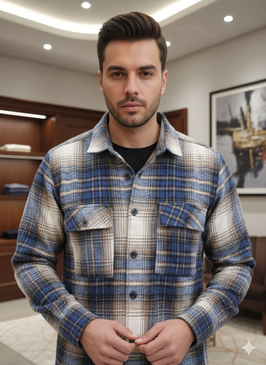 پیراهن پشمی چهارخونه از پارچه پشمی برس خورده با ترکیب رنگی خاص و جذاب _ کد۸۹۰