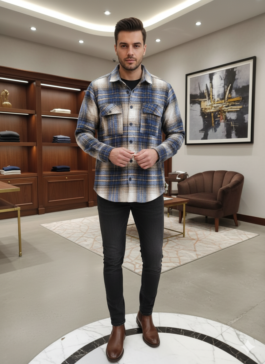 پیراهن پشمی چهارخونه از پارچه پشمی برس خورده با ترکیب رنگی خاص و جذاب _ کد۸۹۰