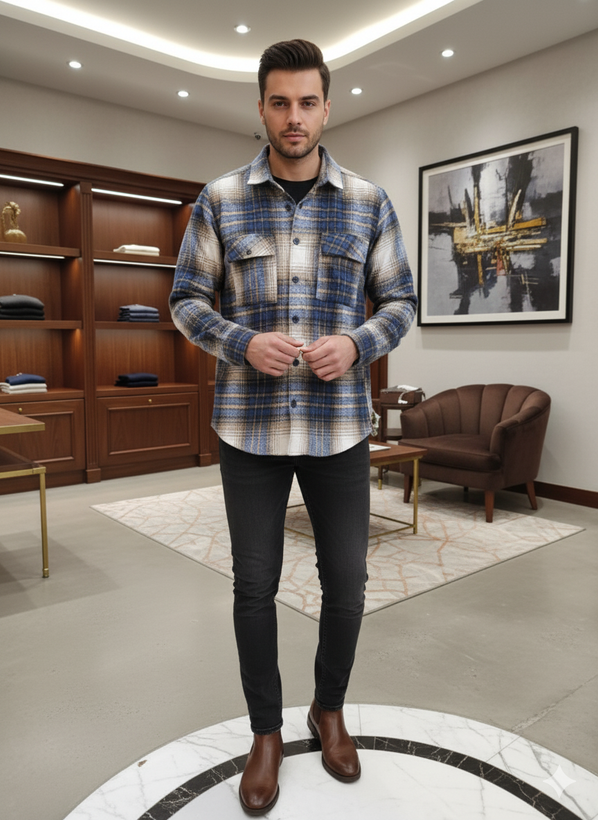 پیراهن پشمی چهارخونه از پارچه پشمی برس خورده با ترکیب رنگی خاص و جذاب _ کد۸۹۰