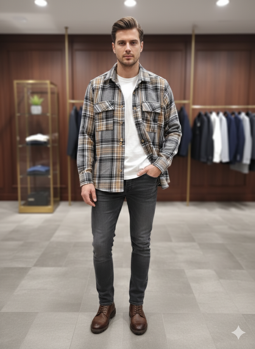 پیراهن پشمی چهارخونه طوسی–نارنجی کم‌رنگ نرم، گرم و مناسب فصل‌های سرد با ترکیب رنگی خاص و جذاب