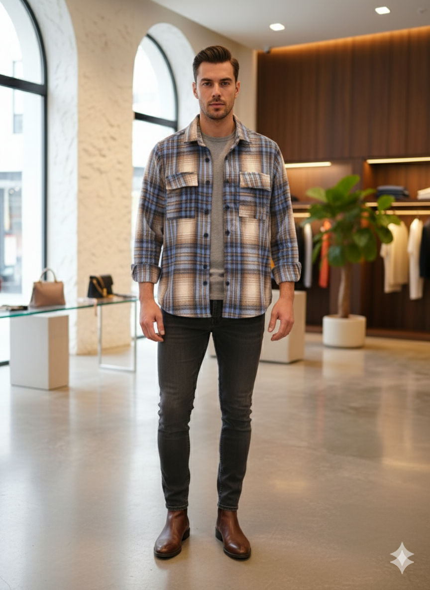 پیراهن فلن پشمی آبی-کرم از پارچه پشمی بُرس‌خورده باکیفیت، نرم و گرم. مناسب برای فصل‌های سرد با ترکیب رنگ کلاسیک و جذاب.