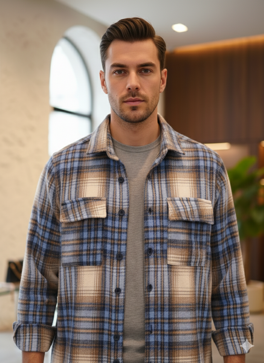 پیراهن فلن پشمی آبی-کرم از پارچه پشمی بُرس‌خورده باکیفیت، نرم و گرم. مناسب برای فصل‌های سرد با ترکیب رنگ کلاسیک و جذاب.