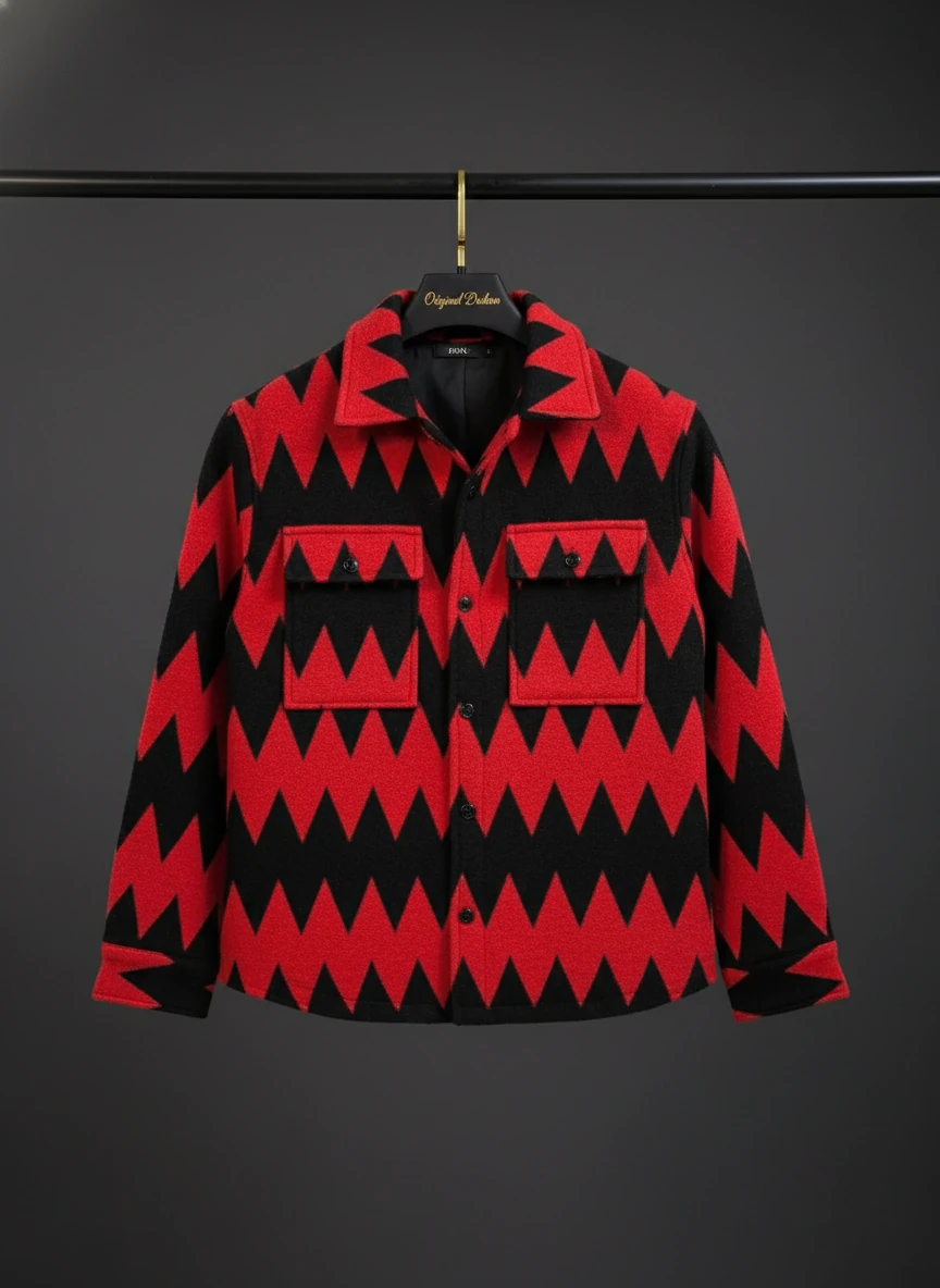 کت فوتر پشمی با طرح هندسی مدرن داری (ترکیب رنگ مشکی، قرمز با پترن‌های زاویه‌دار) | سنگین‌وزن