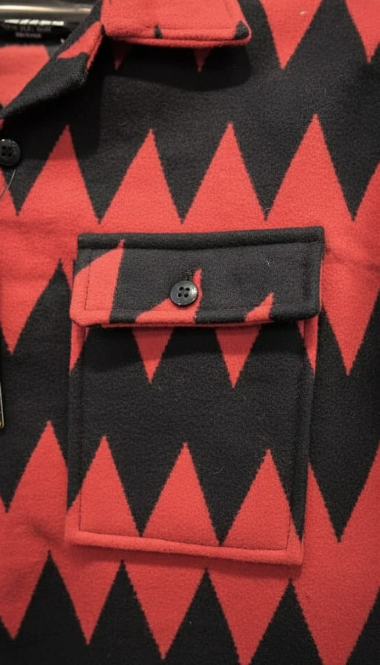 کت فوتر پشمی با طرح هندسی مدرن داری (ترکیب رنگ مشکی، قرمز با پترن‌های زاویه‌دار) | سنگین‌وزن