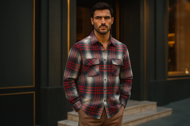 پیراهن پشمی چهارخونه با پارچه برسخورده و ترکیب رنگ قرمز سفید – کد ۸۹۲