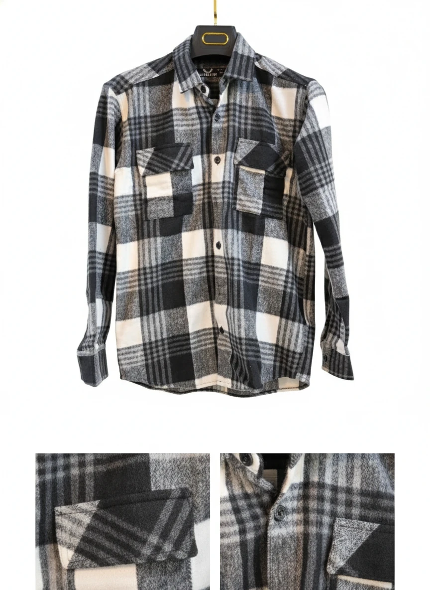 پیراهن پشمی چهارخونه با پارچه برس‌خورده نرم باترکیب رنگ مشکی سفید با ته مایه های طوسی  – کد ۸۹۳