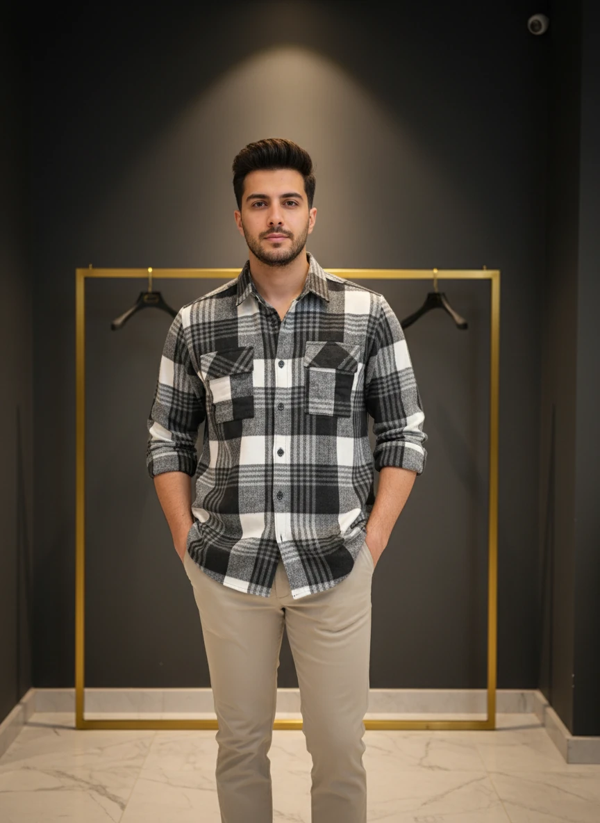 پیراهن پشمی چهارخونه با پارچه برس‌خورده نرم باترکیب رنگ مشکی سفید با ته مایه های طوسی  – کد ۸۹۳