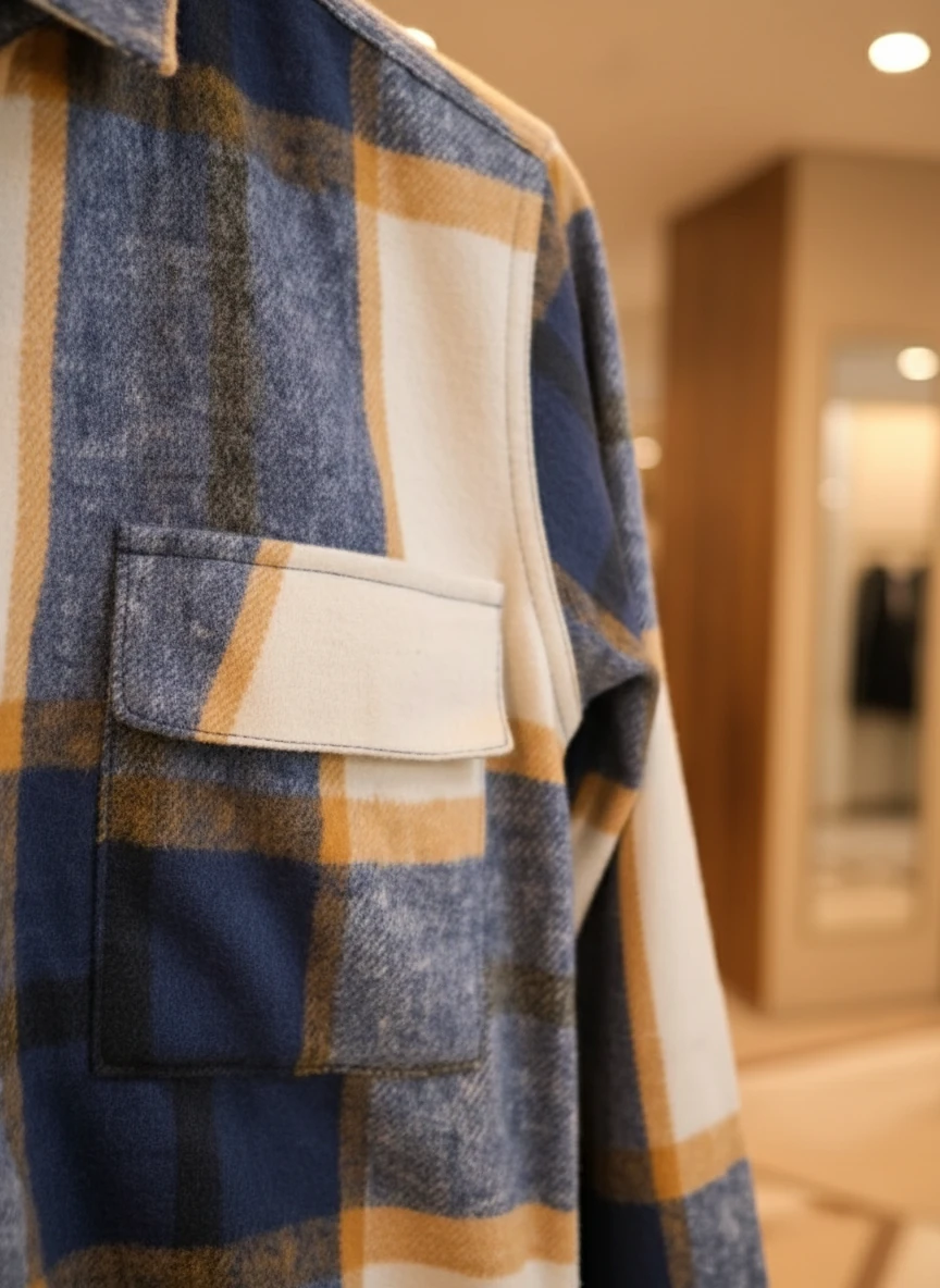 پیراهن پشمی چهارخونه با پارچه برس‌خورده نرم باترکیب رنگ آبی‌سرمه‌ای با ته مایه های رنگ کرم ناذنجی – کد ۸۹۴