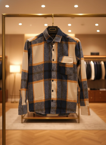 پیراهن پشمی چهارخونه با پارچه برسخورده نرم باترکیب رنگ آبیسرمهای با ته مایه های رنگ کرم ناذنجی – کد ۸۹۴