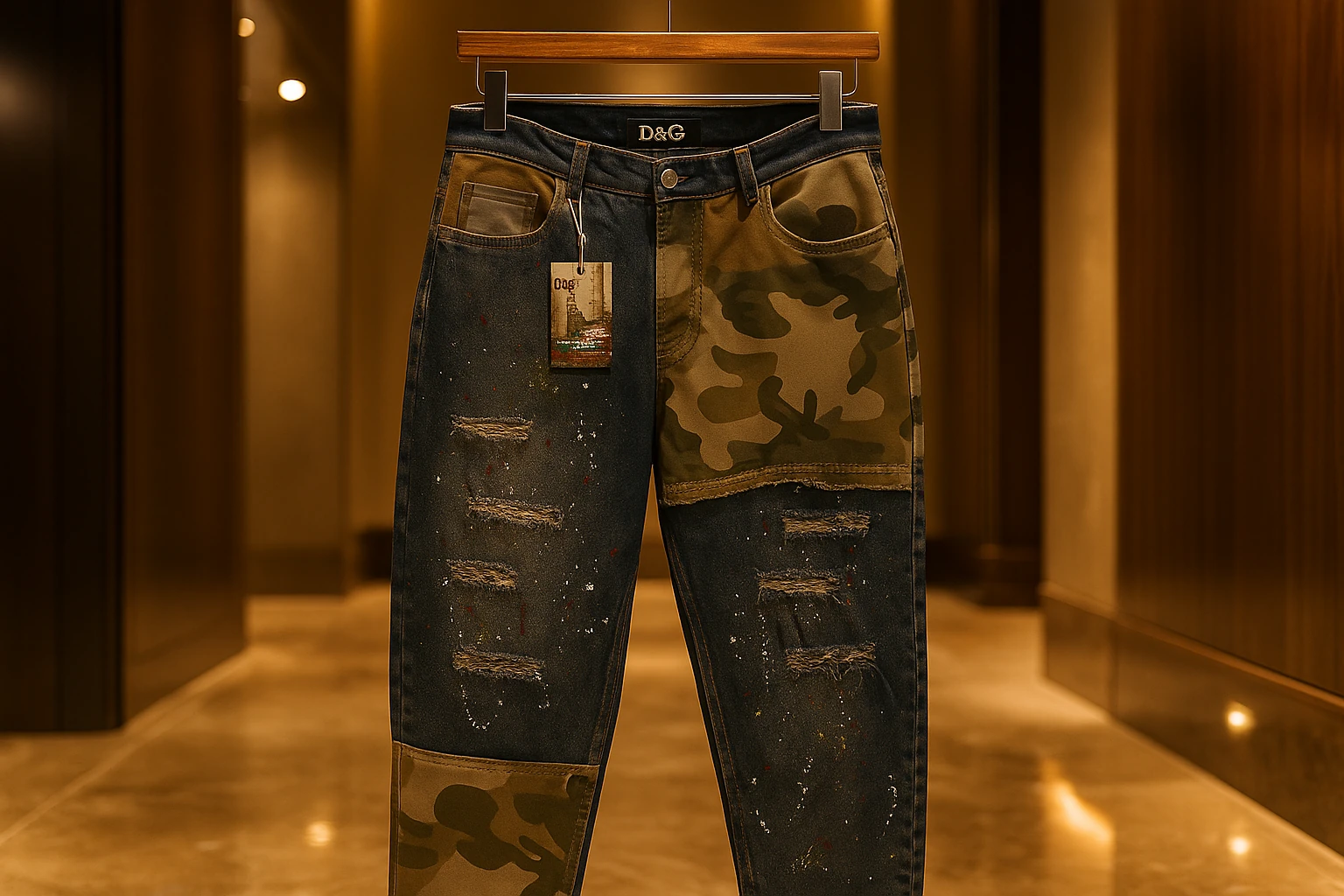 🔥 شلوار نیم بگ کاستوم Camo Distressed - پچ ارتشی 🔥