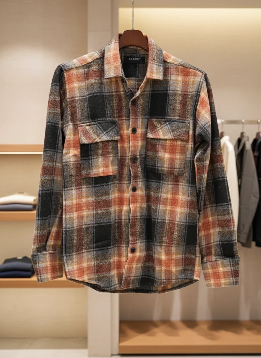 پیراهن پشمی چهارخونه با پارچه برس‌خورده نرم با ترکیب رنگ نارنجی سوخته، مشکی و بژ با ته‌مایه‌های قهوه‌ای خاکی – کد