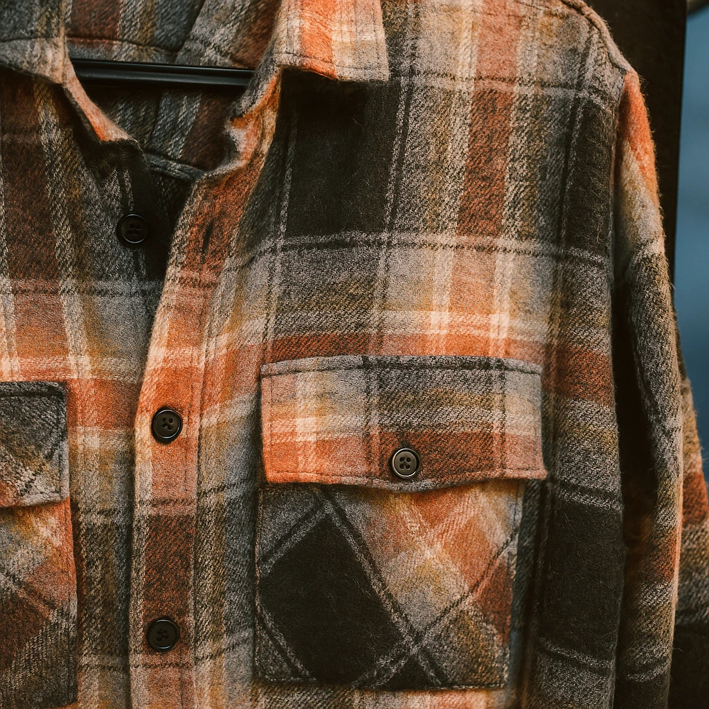 پیراهن پشمی چهارخونه با پارچه برس‌خورده نرم با ترکیب رنگ نارنجی سوخته، مشکی و بژ با ته‌مایه‌های قهوه‌ای خاکی – کد