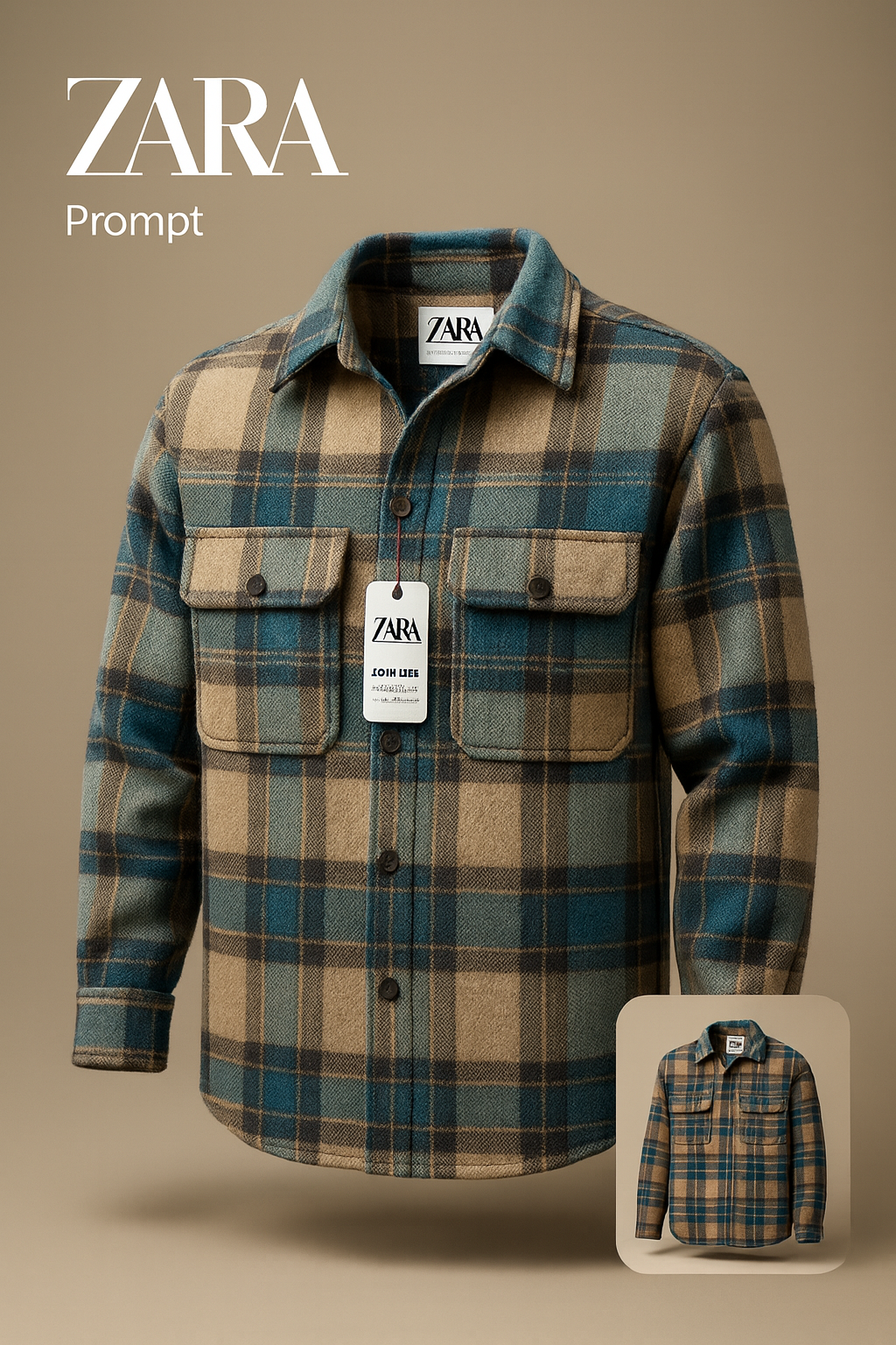 پیراهن پشمی چهارخونه با پارچه برس‌خورده نرم، در ترکیب رنگ کرم، آبی نفتی و مشکی با ته‌مایه‌های خاکی – کد ۹۸۹