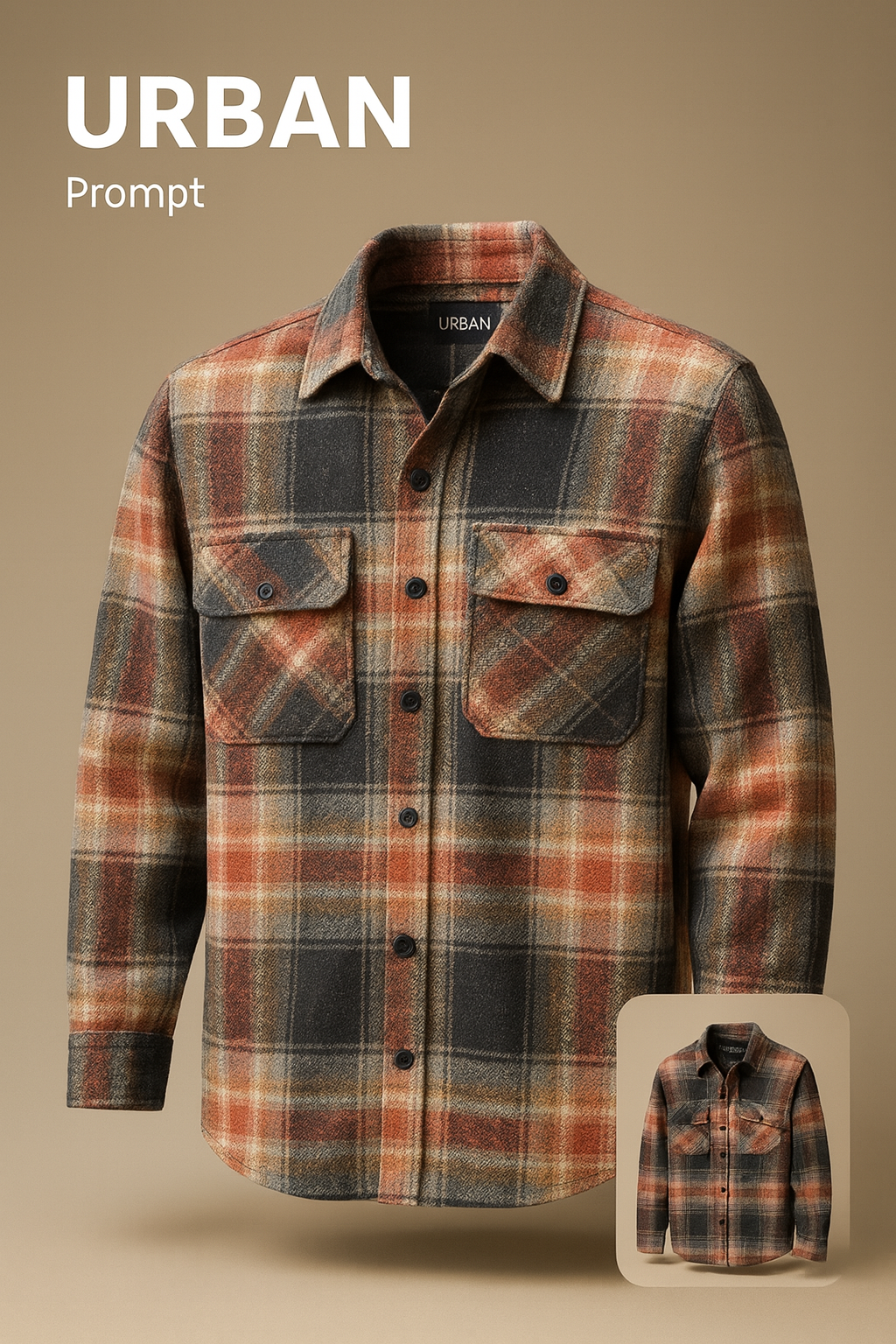 پیراهن پشمی چهارخونه با پارچه برس‌خورده نرم با ترکیب رنگ نارنجی سوخته، مشکی و بژ با ته‌مایه‌های قهوه‌ای خاکی – کد