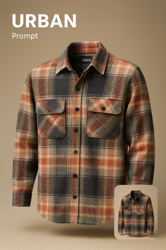 پیراهن پشمی چهارخونه با پارچه برسخورده نرم با ترکیب رنگ نارنجی سوخته، مشکی و بژ با تهمایههای قهوهای خاکی – کد