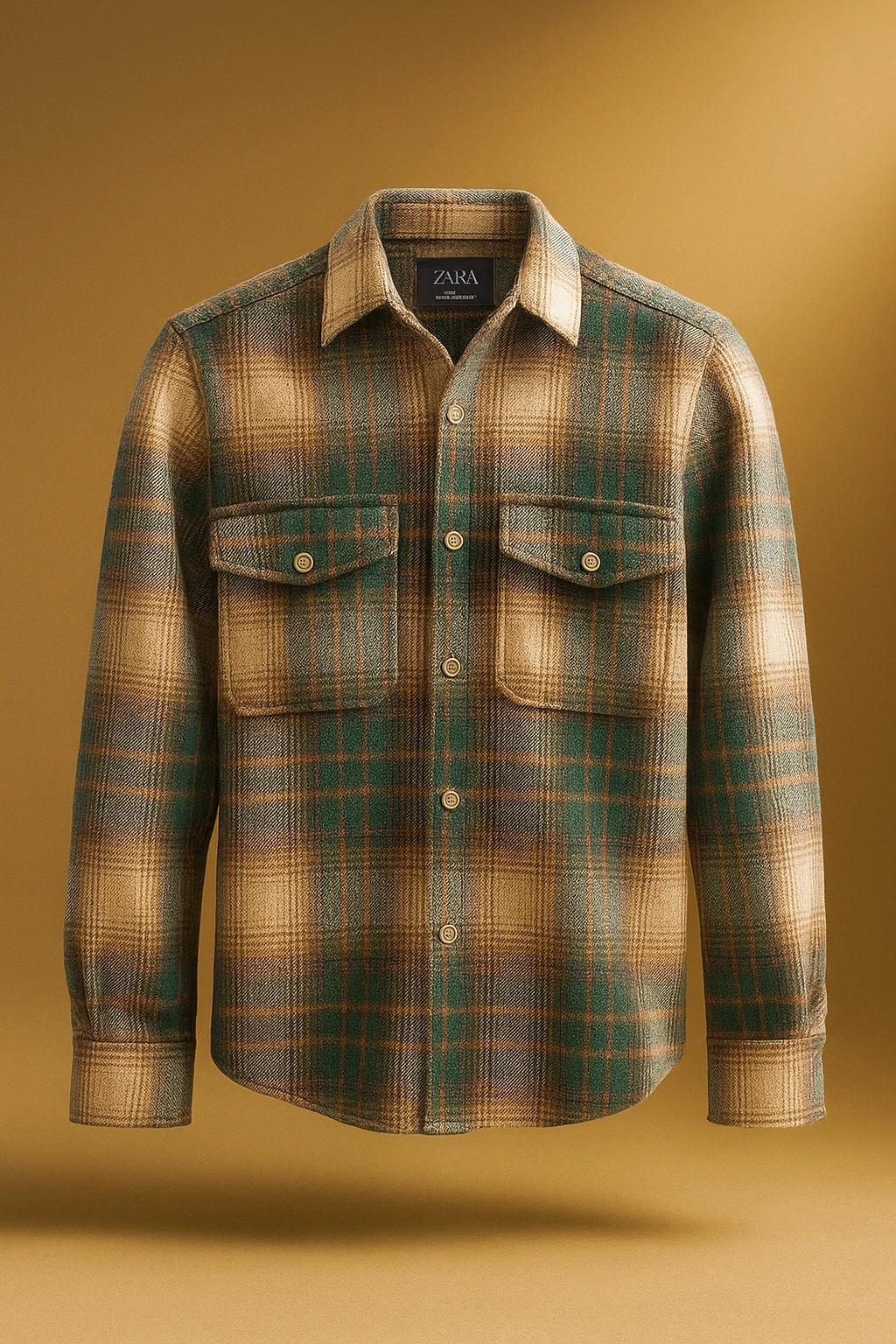 پیراهن پشمی چهارخونه با پارچه برس‌خورده نرم باترکیب رنگ سبز‌کله‌قازی و کرم با ته مایه های رنگ سبز‌آبی – کد ۸۹۵