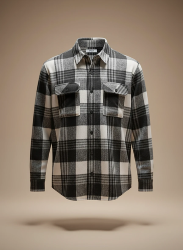 پیراهن پشمی چهارخونه با پارچه برسخورده نرم باترکیب رنگ مشکی سفید با ته مایه های طوسی – کد ۸۹۳