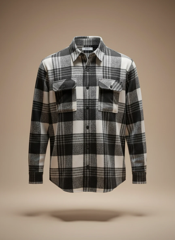 پیراهن پشمی چهارخونه با پارچه برسخورده نرم باترکیب رنگ مشکی سفید با ته مایه های طوسی – کد ۸۹۳