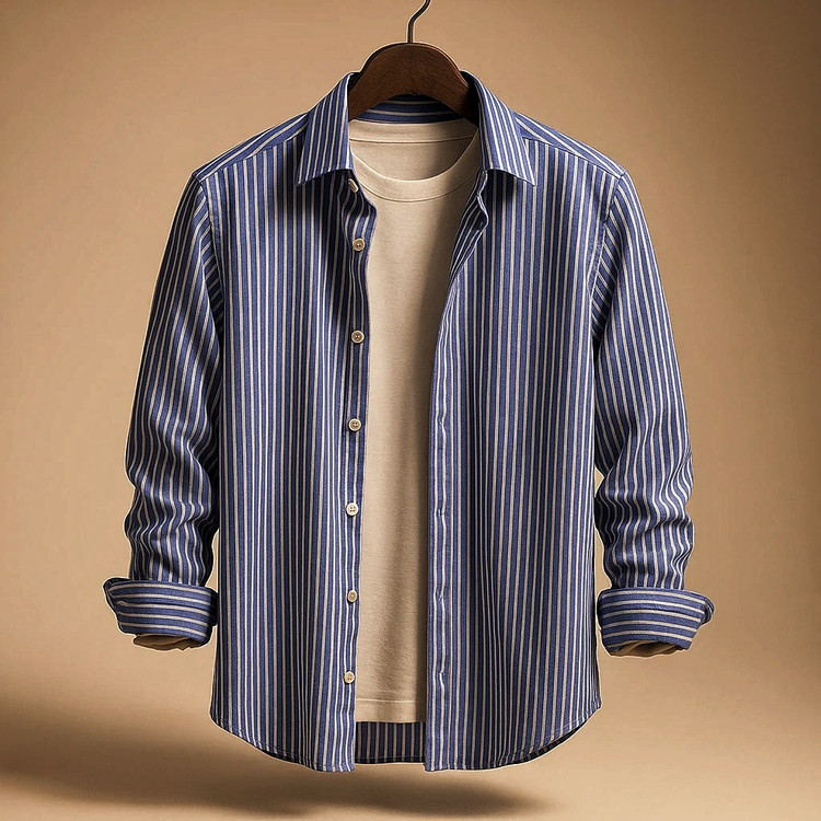 پیراهن راه راه عمودی میله ای آبی مردانه | پارچه صددرصد نخی درجه یک | دوخت صنعتی ۲۰۲۵ | استایل اولد مانی پاییز ۱۴۰۴
