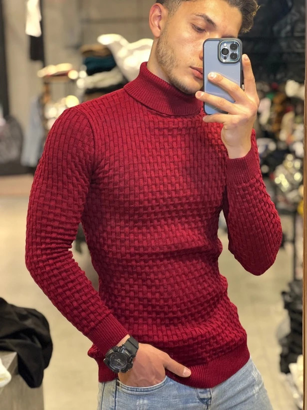 پلیور یقه اسکی قرمز جذب ضخیم طرح آجری -کیفیت عالی فری سایز مناسب M تا XL