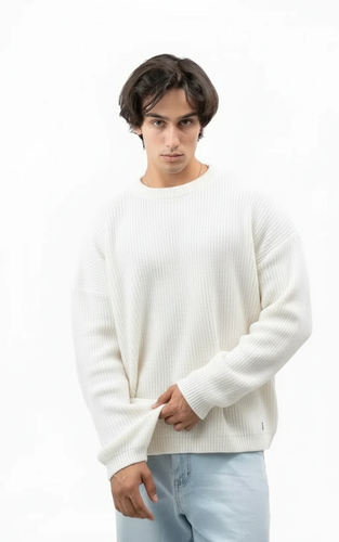 پلیور بافت سفید بیسیک یقه گرد بافت درشت | فری سایز لش