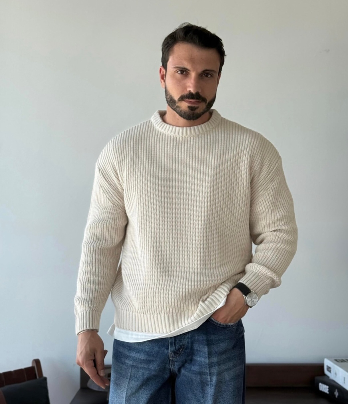 ژاکت درست بافت فندقی استخونی مردانه 👌 | فری سایز مناسب سایزهای L تا 2XL