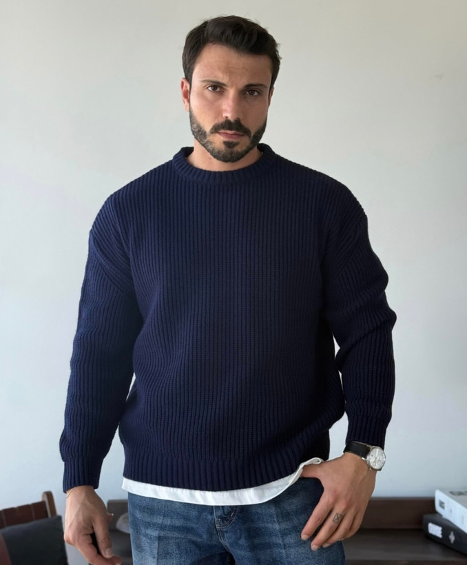 ژاکت درشت بافت فندقی سرمه ای مردانه 👌 | فری سایز مناسب سایزهای L تا 2XL