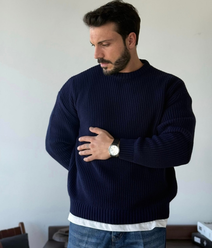 ژاکت درشت بافت فندقی سرمه ای مردانه 👌 | فری سایز مناسب سایزهای L تا 2XL