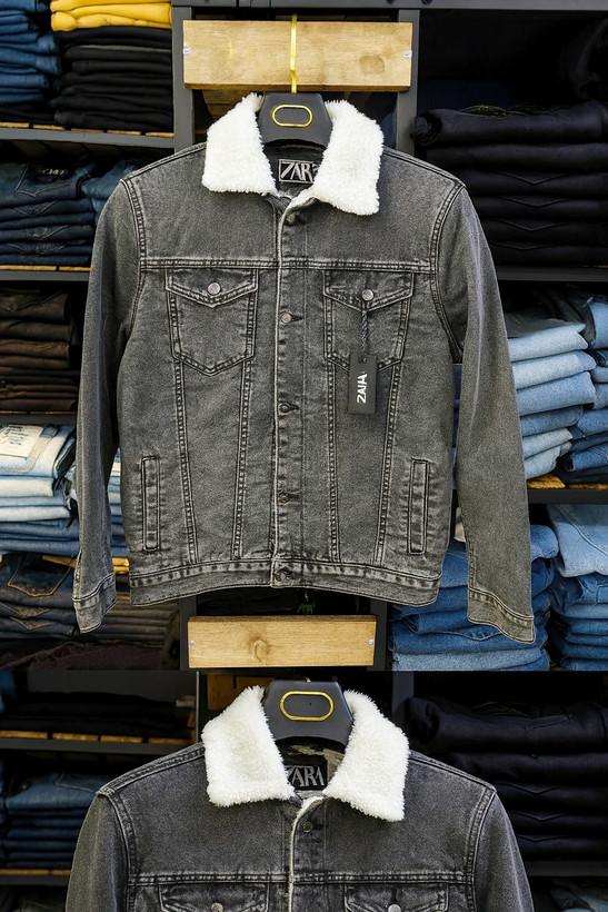 کت جین دودی مردانه | آستر خز بره ای ضخیم | دوخت صنعتی | اسلیم فیت