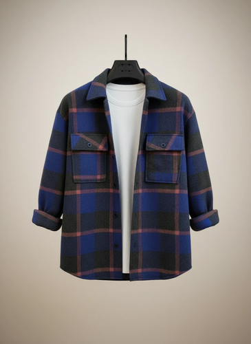 پیراهن پشمی فوتر چهارخونه آبی–ذغالی با خطوط بورگاندی فوقالعاده خفن| اورجینال دیلم