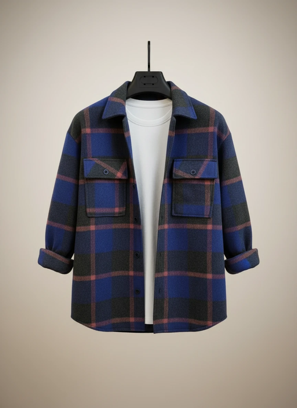 پیراهن پشمی فوتر چهارخونه آبی–ذغالی با خطوط بورگاندی فوقالعاده خفن| اورجینال دیلم