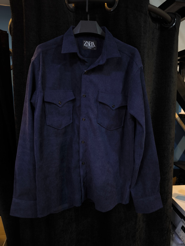 پیراهن کبریتی ریز سرمه ای دو جیب مردانه | نخ پنبه اعلا