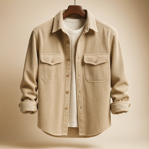 پیراهن کبریتی ریز کرم دو جیب مردانه | نخ پنبه اعلا