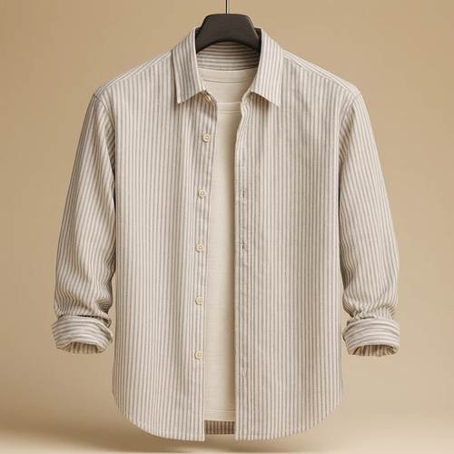 پیراهن مردانه نخی طوسی راه راه میله ای فوقالعاده خنک و لطیف