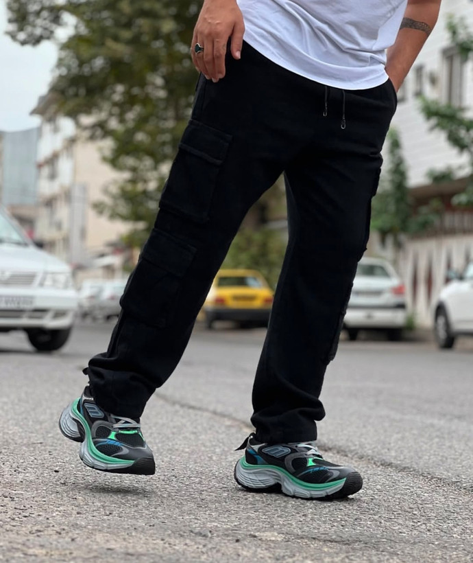 شلوار کارگو مشکی مردانه پارچه کتان کجراه اعلام پنبه | اورجینال دیلم