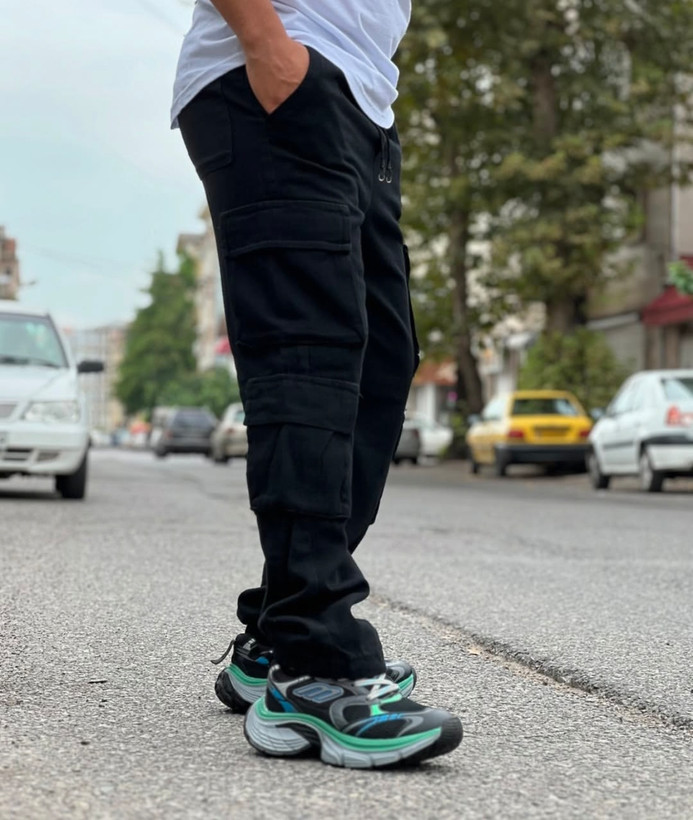 شلوار کارگو مشکی مردانه پارچه کتان کجراه اعلام پنبه | اورجینال دیلم