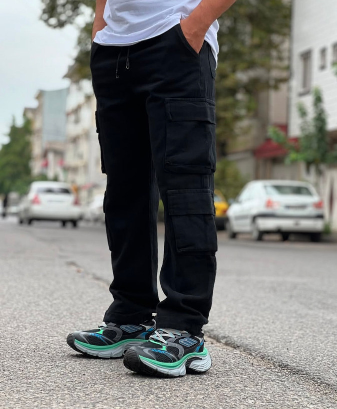 شلوار کارگو مشکی مردانه پارچه کتان کجراه اعلام پنبه | اورجینال دیلم