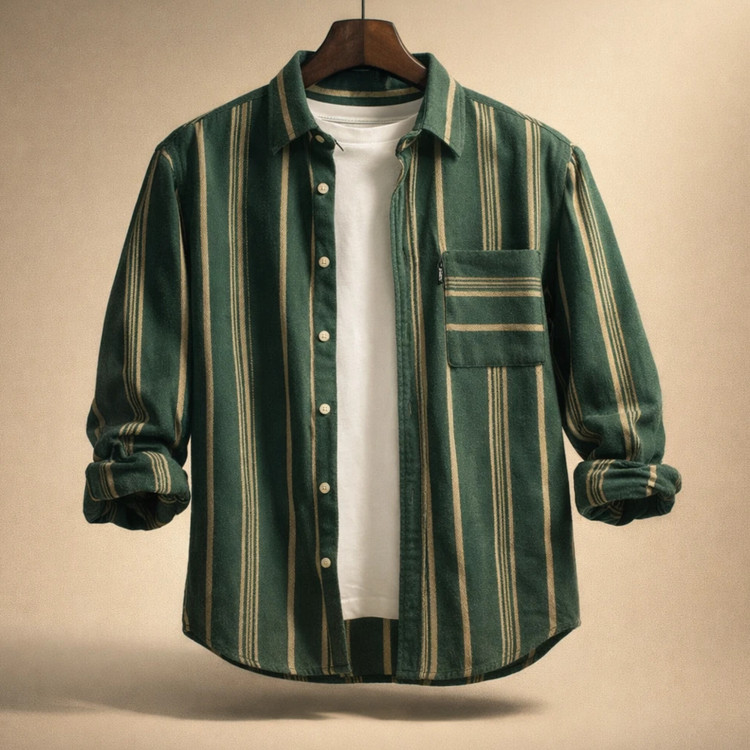 پیراهن مردانه راهراه سبز یشمی_طراحی مینیمال پرمیوم