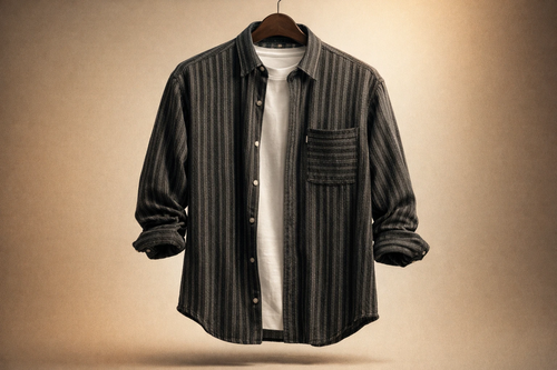 پیراهن مردانه راهراه ذغالی – جیب دیزاینر افقی_طراحی مینیمال پرمیوم