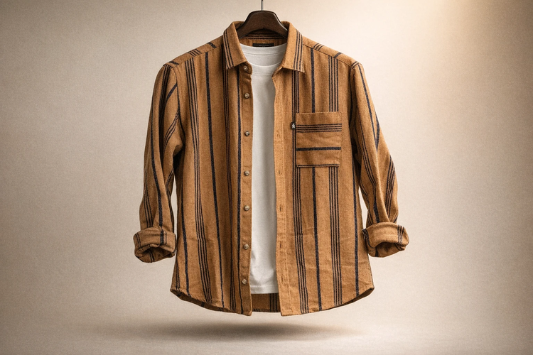 پیراهن مردانه پرمیوم راهراه قهوهای شتری_اورجینال دیلم