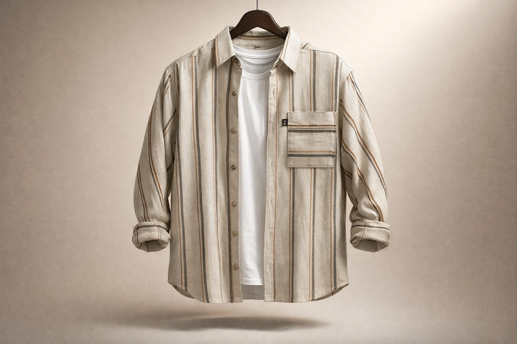 پیراهن مردانه راهراه بژ با خطوط قهوهای و خاکستری_اورجینال دیلم