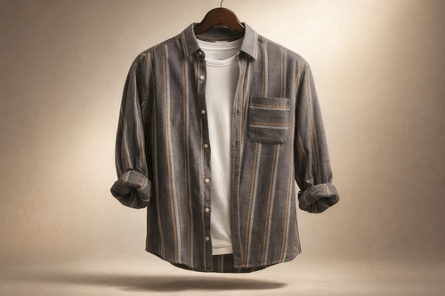 پیراهن مردانه راهراه بافتدار خاکستری تیره با رگههای بژ و کرم_اورجینال دیلم