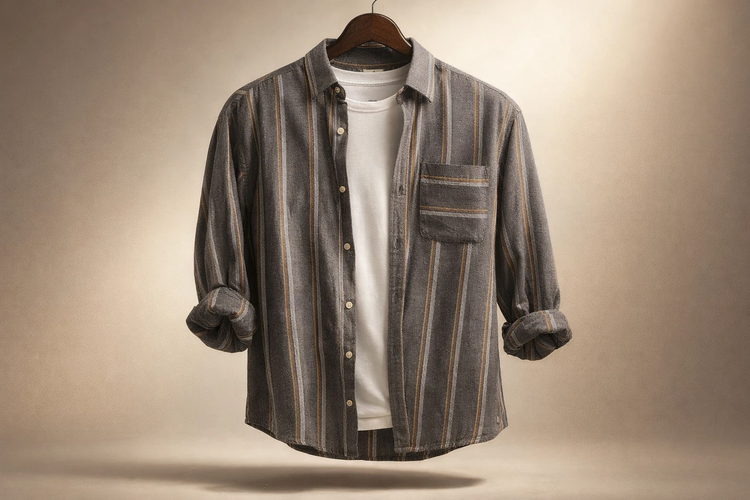 پیراهن مردانه راهراه بافتدار خاکستری تیره با رگههای بژ و کرم_اورجینال دیلم