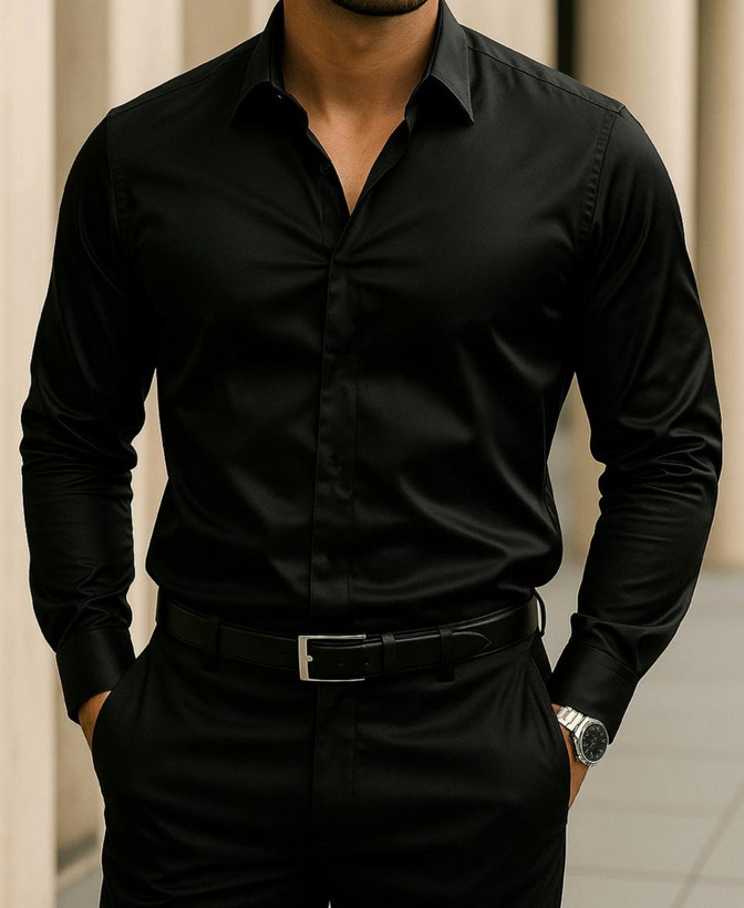 پیراهن مجلسی مشکی مردانه پارچه ساتن پنبه کش | دوخت صنعتی یقه خرگوشی