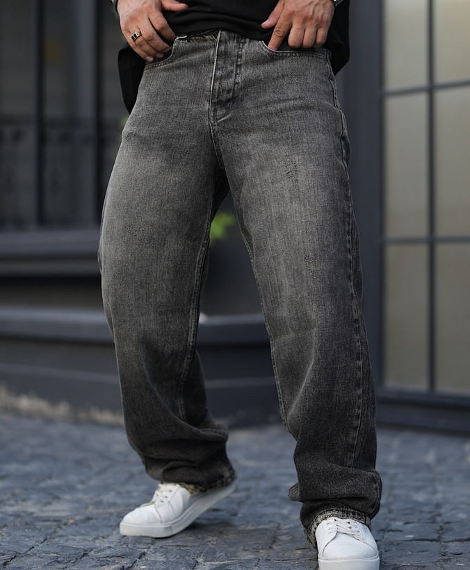 شلوار فول بگ ذغالی سیر مردانه پارچه جین کجراه سنگشور گرماژ بالا با قد ۱۱۰ سانت کد b۱۸۶